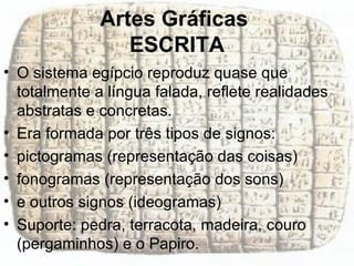 Artes Gráficas  ESCRITA O sistema egípcio reproduz quase que totalmente a língua falada, reflete realidades abstratas e concretas.  Era formada por três tipos de signos: pictogramas (representação das coisas) fonogramas (representação dos sons) e outros signos (ideogramas)  Suporte: pedra, terracota, madeira, couro (pergaminhos) e o Papiro. 