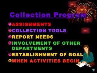 Collection Program ASSIGNMENTS COLLECTION TOOLS REPORT NEEDS INVOLVEMENT OF OTHER DEPARTMENTS ESTABLISHMENT OF GOALS WHEN ACTIVITIES BEGIN 