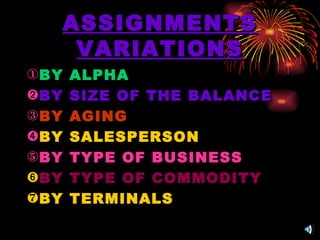 ASSIGNMENTS VARIATIONS BY ALPHA BY SIZE OF THE BALANCE BY AGING BY SALESPERSON BY TYPE OF BUSINESS BY TYPE OF COMMODITY BY TERMINALS 
