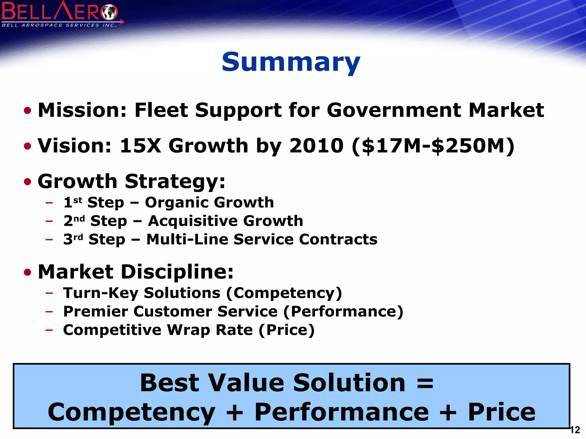Summary Mission: Fleet Support for Government Market Vision: 15X Growth by 2010 ($17M-$250M)  Growth Strategy: 1 st  Step – Organic Growth 2 nd  Step – Acquisitive Growth 3 rd  Step – Multi-Line Service Contracts Market Discipline:   Turn-Key Solutions (Competency) Premier Customer Service (Performance) Competitive Wrap Rate (Price) Best Value Solution =  Competency + Performance + Price 