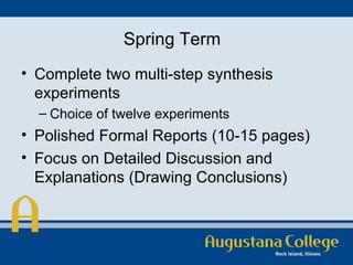 Spring Term Complete two multi-step synthesis experiments Choice of twelve experiments Polished Formal Reports (10-15 pages) Focus on Detailed Discussion and Explanations (Drawing Conclusions) 