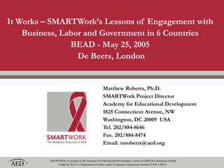 It Works – SMARTWork’s Lessons of Engagement with Business, Labor and Government in 6 Countries BEAD - May 25, 2005  De Beers, London Matthew Roberts, Ph.D. SMARTWork Project Director Academy for Educational Development 1825 Connecticut Avenue, NW Washington, DC 20009  USA Tel. 202/884-8646 Fax. 202/884-8474 Email. mroberts@aed.org 