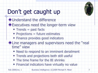 Don’t get caught up Understand the difference Executives need the longer-term view Trends = past facts Projections = future estimates Finance provides good indicators Line managers and supervisors need the “real time” view Need to respond to an imminent derailment Trends and projections both still useful The time frame for the BI shrinks Financial indicators have virtually no value 