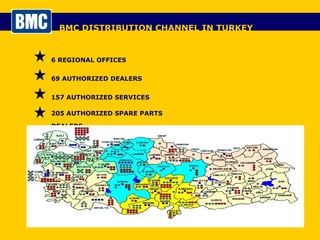BMC DISTRIBUTION CHANNEL IN TURKEY 6 REGIONAL OFFICES 69 AUTHORIZED DEALERS 157 AUTHORIZED SERVICES 205 AUTHORIZED SPARE PARTS DEALERS 