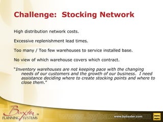 Challenge:  Stocking Network High distribution network costs. Excessive replenishment lead times. Too many / Too few warehouses to service installed base. No view of which warehouse covers which contract. “ Inventory warehouses are not keeping pace with the changing needs of our customers and the growth of our business .  I need assistance deciding where to create stocking points and where to close them .” 
