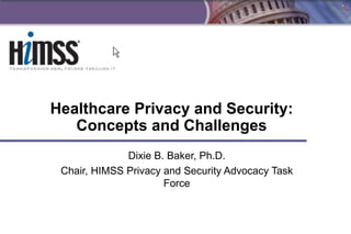 Healthcare Privacy and Security: Concepts and Challenges Dixie B. Baker, Ph.D. Chair, HIMSS Privacy and Security Advocacy Task Force 
