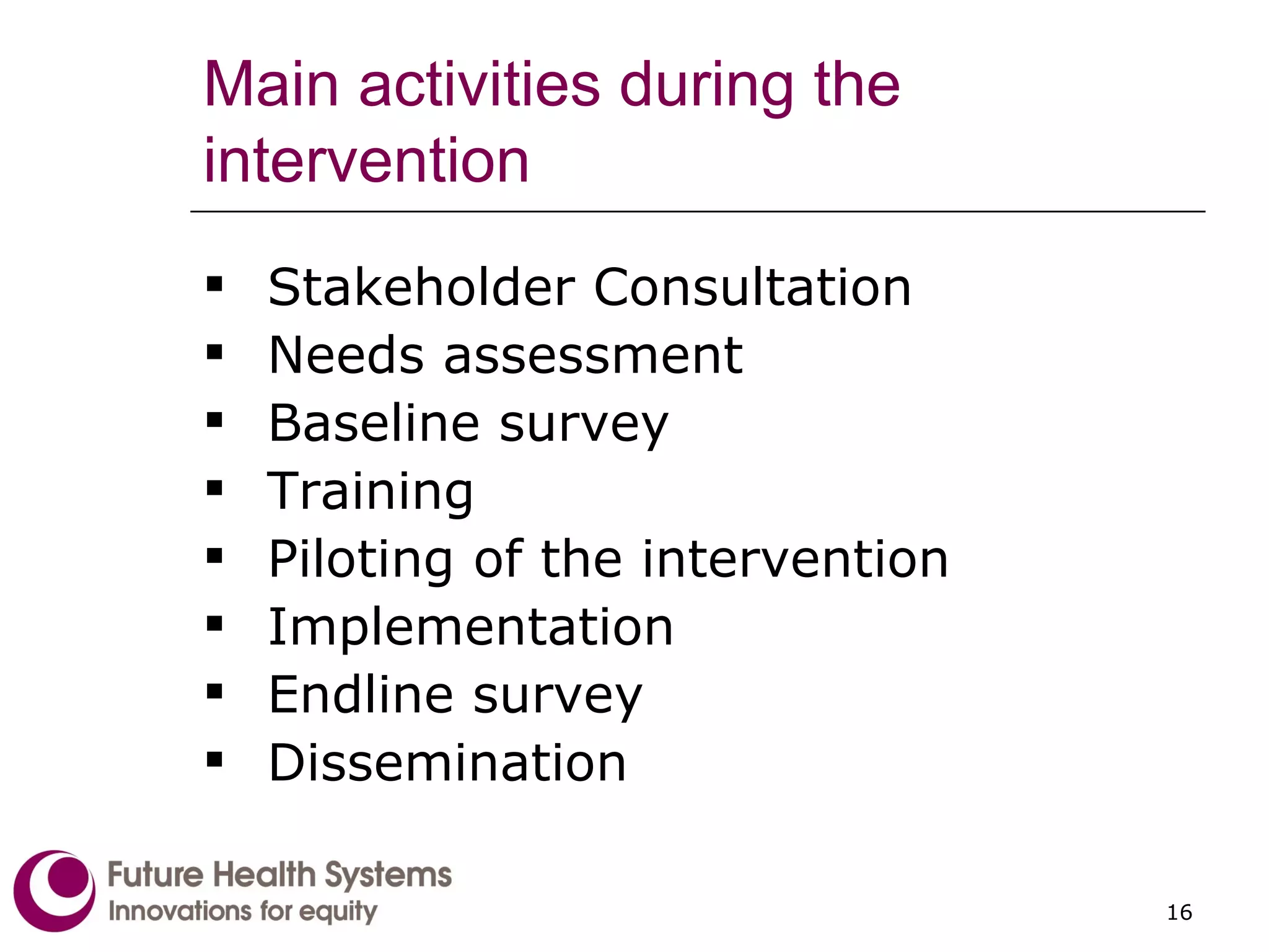 Main activities during the intervention Stakeholder Consultation Needs assessment Baseline survey  Training  Piloting of the intervention  Implementation Endline survey Dissemination 