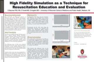 High Fidelity Simulation as a Technique for
            Resuscitation Education and Evaluation
       E Bauman PhD, RN, C Farrell MD, G Angelini MD • University of Wisconsin School of Medicine and Public Health, Madison, WI


BACKGROUND                                           RESULTS
                                                                                                                       100

                                                                                                                       90


The University of Wisconsin School of                Examination of the data using the matched-                        80


Medicine and Public Health, Department               pair Wilcoxon test indicated that students                        70



of Anesthesiology created a High Fidelity            had signiﬁcantly higher AHA posttest scores
                                                                                                                       60




                                                                                                           Post ACLS
Simulation (HFS) resuscitation elective for 4th      compared to their pretest scores (T=820, N=40,
                                                                                                                       50



year medical students. This 5-day immersion          p<.001). Signiﬁcantly higher posttest EKG
                                                                                                                       40

                                                                                                                       30

course exceeds the American Heart Association        scores were also achieved (T=818.5, N=40,                         20

(AHA) requirements for Advanced Cardiac              p<.001). 100% of the students demonstrated                        10

Life Support (ACLS) provider recognition.            proﬁciency on their written AHA posttest.                          0

The course has been consistently ranked as one                                                                               0       10   20    30   40       50      60   70   80   90   100


of the top elective courses in the school since
                                                                                                                                                           Pre ACLS



its inception. We hypothesized that students                                                               Pre and Post ACLS Scores for all students
                                                     Examination of the video data using the
would demonstrate a cognitive and behavioral         matched-pair Wilcoxon test indicated that
gain in resuscitation ability after intervention     students had signiﬁcantly higher posttest
as demonstrated by several measures.                 cognitive scores compared with their pretest                                                                                               INSTITUTIONAL REVIEW BOARD (IRB)
                                                                                                                        100
                                                     scores (T=820, N=40, p<.001). This was also
METHODS
                                                                                                                         90
                                                     true of their behavioral scores (T=820, N=40,                                                                                              This study was granted approval by the Health
                                                                                                                         80

                                                     p<.001).                                                                                                                                   Sciences IRB at the University of Wisconsin. All
                                                                                                                         70

The elective is taught utilizing a HFS laboratory                                                                        60
                                                                                                                                                                                                study participants were fourth year medical students




                                                                                                            Post EKG
with a METI Human Patient Simulator,                                                                                     50
                                                                                                                                                                                                enrolled in Resuscitation 930 and all participants
accurately creating a high acuity patient setting,
                                                                                                                         40
                                                                                                                                                                                                provided informed consent. Participants were not
                                                     DISCUSSION                                                          30
complete with actual patient monitoring,                                                                                                                                                        compensated for participation.
                                                                                                                         20
crash cart with deﬁbrillator, and oxygen. This       The results of this study indicate that HFS can                     10

laboratory is ﬁtted with three cameras, which                                                                                0
                                                     be successfully integrated into resuscitation
capture students’ performance and parameters                                                                                     0         20         40              60        80        100

                                                     curricula, and that HFS can prepare students for
displayed on the monitoring equipment.
                                                                                                                                                           Pre EKG

                                                     resuscitation crisis management. Additionally,                                                                                             Contact:
                                                     students’ behavior on posttest demonstrated           Pre and Post EKG Scores for all students
                                                     that they had a signiﬁcant gain in their ability                                                                                                            ebauman@wisc.edu
                                                                                                                                                                                                Eric Bauman
The following types of data were collected
                                                     to manage resuscitation.
and analyzed for this study: a pre and posttest
videotape of each student’s ability to lead a
cardiac resuscitation, the AHA multiple choice
pre and posttest, and a pre and posttest written     This research also addresses some of the
rhythm recognition examination.                      challenges reported in the literature, calling
                                                     for more rigorous research demonstrating the
                                                     validity of simulation as a teaching and evaluative
Analysis of the video data was completed by a        technique. Our research increases the available
panel of AHA experts not afﬁliated with the          data and ﬁndings derived from empirical
instruction of the students in this course or        students speciﬁc to HFS. These ﬁndings
the Department of Anesthesiology. They rated         validate and extend the existing literature
each student’s pre and posttest performance for      related to resuscitation and crisis management
cognitive and behavioral ability.                    supporting the importance of integration of
                                                     simulation into existing curricula.
 