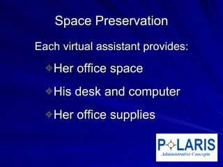 Space Preservation Her office space His desk and computer Her office supplies Each virtual assistant provides: 
