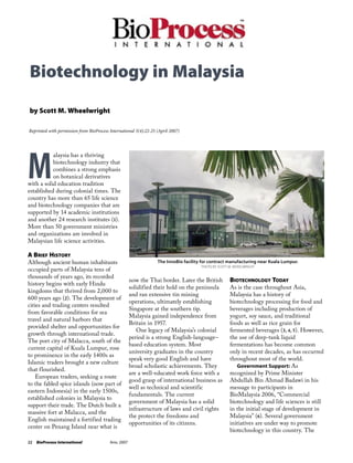 22 BioProcess International APRIL 2007
Biotechnology in Malaysia
by Scott M. Wheelwright
M
alaysia has a thriving
biotechnology industry that
combines a strong emphasis
on botanical derivatives
with a solid education tradition
established during colonial times. The
country has more than 65 life science
and biotechnology companies that are
supported by 14 academic institutions
and another 24 research institutes (1).
More than 50 government ministries
and organizations are involved in
Malaysian life science activities.
A BRIEF HISTORY
Although ancient human inhabitants
occupied parts of Malaysia tens of
thousands of years ago, its recorded
history begins with early Hindu
kingdoms that thrived from 2,000 to
600 years ago (2). The development of
cities and trading centers resulted
from favorable conditions for sea
travel and natural harbors that
provided shelter and opportunities for
growth through international trade.
The port city of Malacca, south of the
current capital of Kuala Lumpur, rose
to prominence in the early 1400s as
Islamic traders brought a new culture
that flourished.
European traders, seeking a route
to the fabled spice islands (now part of
eastern Indonesia) in the early 1500s,
established colonies in Malaysia to
support their trade. The Dutch built a
massive fort at Malacca, and the
English maintained a fortified trading
center on Penang Island near what is
now the Thai border. Later the British
solidified their hold on the peninsula
and ran extensive tin mining
operations, ultimately establishing
Singapore at the southern tip.
Malaysia gained independence from
Britain in 1957.
One legacy of Malaysia’s colonial
period is a strong English-language–
based education system. Most
university graduates in the country
speak very good English and have
broad scholastic achievements. They
are a well-educated work force with a
good grasp of international business as
well as technical and scientific
fundamentals. The current
government of Malaysia has a solid
infrastructure of laws and civil rights
the protect the freedoms and
opportunities of its citizens.
BIOTECHNOLOGY TODAY
As is the case throughout Asia,
Malaysia has a history of
biotechnology processing for food and
beverages including production of
yogurt, soy sauce, and traditional
foods as well as rice grain for
fermented beverages (3, 4, 5). However,
the use of deep-tank liquid
fermentations has become common
only in recent decades, as has occurred
throughout most of the world.
Government Support: As
recognized by Prime Minister
Abdullah Bin Ahmad Badawi in his
message to participants in
BioMalaysia 2006, “Commercial
biotechnology and life sciences is still
in the initial stage of development in
Malaysia” (6). Several government
initiatives are under way to promote
biotechnology in this country. The
The InnoBio facility for contract manufacturing near Kuala Lumpur.
PHOTO BY SCOTT M. WHEELWRIGHT
Reprinted with permission from BioProcess International 5(4):22-25 (April 2007)
 