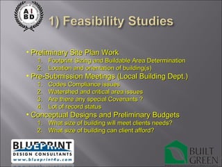 Preliminary Site Plan Work Footprint Sizing and Buildable Area Determination Location and orientation of building(s) Pre-Submission Meetings (Local Building Dept.) Codes Compliance issues Watershed and critical area issues Are there any special Covenants ? Lot of record status Conceptual Designs and Preliminary Budgets What size of building will meet clients needs? What size of building can client afford? 