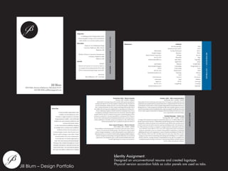 Identity Assignment:
Designed an unconventional resume and created logotype.
Physical version accordion folds so color panels are used as tabs.
 