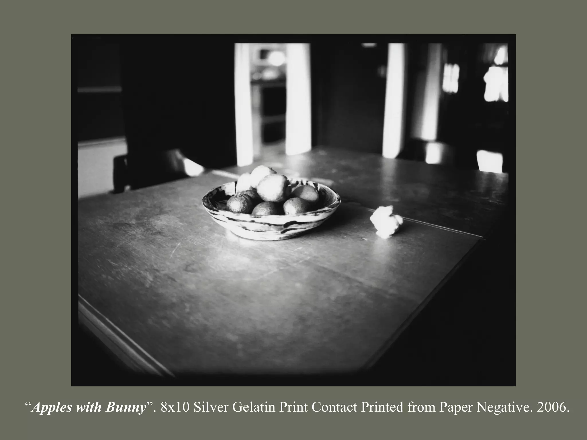 “Apples with Bunny”. 8x10 Silver Gelatin Print Contact Printed from Paper Negative. 2006.
 