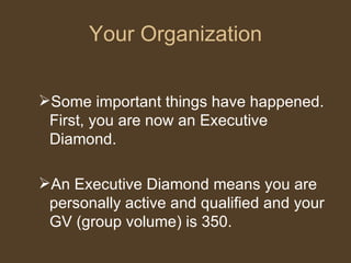 Your Organization Some important things have happened.  First, you are now an Executive Diamond.  An Executive Diamond means you are personally active and qualified and your GV (group volume) is 350.  
