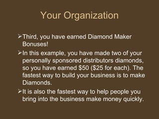 Your Organization Third, you have earned Diamond Maker Bonuses!  In this example, you have made two of your personally sponsored distributors diamonds, so you have earned $50 ($25 for each). The fastest way to build your business is to make Diamonds.  It is also the fastest way to help people you bring into the business make money quickly. 