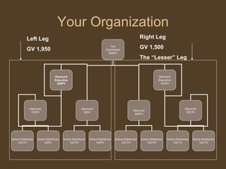 Your Organization Left Leg GV 1,950 Right Leg GV 1,500 The “Lesser” Leg You Coordinator 900PV Diamond Executive 400PV Diamond Executive 700PV Diamond 700PV Diamond 500V Diamond 100 PV Active Distributor 100 PV Active Distributor 50PV Active Distributor 100 PV Active Distributor 100PV Diamond 300PV Active Distributor 100 PV Active Distributor 100 PV Active Distributor 100 PV Active Distributor 100 PV 