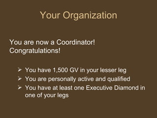 Your Organization You are now a Coordinator! Congratulations! You have 1,500 GV in your lesser leg You are personally active and qualified You have at least one Executive Diamond in one of your legs  