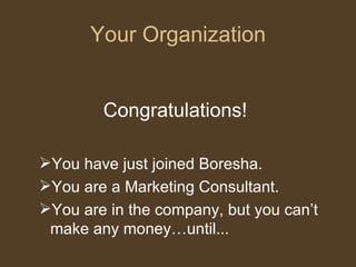 Your Organization Congratulations!  You have just joined Boresha.  You are a Marketing Consultant.  You are in the company, but you can’t make any money…until... 