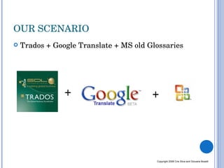 OUR SCENARIO Trados + Google Translate + MS old Glossaries Copyright 2008 Cris Silva and Giovana Boselli 