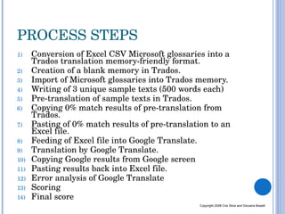 PROCESS STEPS Conversion of Excel CSV Microsoft glossaries into a Trados translation memory-friendly format. Creation of a blank memory in Trados. Import of Microsoft glossaries into Trados memory.  Writing of 3 unique sample texts (500 words each) Pre-translation of sample texts in Trados. Copying 0% match results of pre-translation from Trados.  Pasting of 0% match results of pre-translation to an Excel file. Feeding of Excel file into Google Translate. Translation by Google Translate. Copying Google results from Google screen Pasting results back into Excel file. Error analysis of Google Translate  Scoring Final score Copyright 2008 Cris Silva and Giovana Boselli 