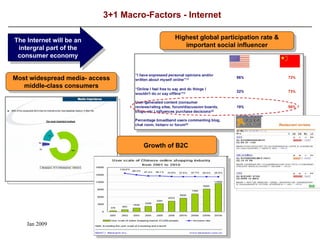 3+1 Macro-Factors - Internet The Internet will be an intergral part of the consumer economy Most widespread media- access middle-class consumers Highest global participation rate & important social influencer Growth of B2C  