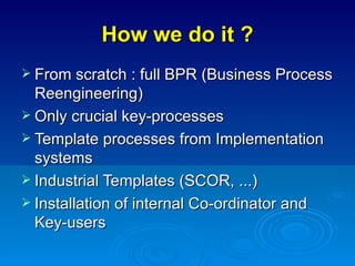 How we do it ? From scratch : full BPR (Business Process Reengineering) Only crucial key-processes Template processes from Implementation systems Industrial Templates (SCOR, ...) Installation of internal Co-ordinator and Key-users 