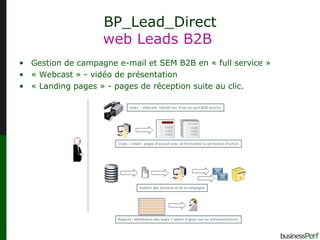 BP_Lead_Direct web Leads B2B  Gestion de campagne e-mail et SEM B2B en « full service » « Webcast » - vidéo de présentation « Landing pages » - pages de réception suite au clic. 