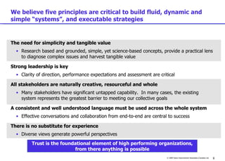 We believe five principles are critical to build fluid, dynamic and simple “systems”, and executable strategies The need for simplicity and tangible value Research based and grounded, simple, yet science-based concepts, provide a practical lens to diagnose complex issues and harvest tangible value Strong leadership is key Clarity of direction, performance expectations and assessment are critical All stakeholders are naturally creative, resourceful and whole Many stakeholders have significant untapped capability.  In many cases, the existing system represents the greatest barrier to meeting our collective goals A consistent and well understood language must be used across the whole system Effective conversations and collaboration from end-to-end are central to success There is no substitute for experience Diverse views generate powerful perspectives Trust is the foundational element of high performing organizations, from there anything is possible 