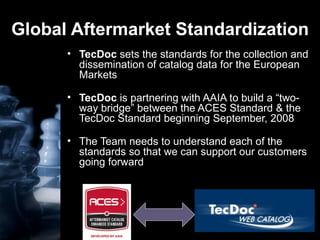 Global Aftermarket Standardization TecDoc  sets the   standards for the collection and dissemination of catalog data for the European Markets TecDoc  is partnering with AAIA to build a “two-way bridge” between the ACES Standard & the TecDoc Standard beginning September, 2008 The Team needs to understand each of the standards so that we can support our customers going forward  