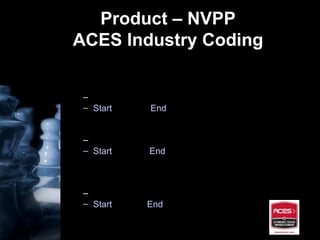 Product – NVPP ACES Industry Coding Task 1 – Ensure ACES Best Practices are understood and being utilized Becky Bolitho Start  June 08’  End  Aug 08’ Task 2 – Automate ACES via Oracle Match Routines Becky Bolitho/Larry Villeneuve Start   Sept 08’  End  Nov 08’ Task 3 – Begin Integration to TecDoc in Support of Global NVPP Project Becky Bolitho/Larry Villeneuve Start  Dec 08’  End  March 09’ 