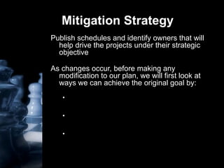 Mitigation Strategy Publish schedules and identify owners that will help drive the projects under their strategic objective As changes occur, before making any modification to our plan, we will first look at ways we can achieve the original goal by: Looking to leverage resources across the CAP Team and attempt to redistribute workload Check with other Production teams on available resources/skills Communicate with the Production Leadership Team (PLT) regarding any changes 