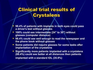 Clinical trial results of Crystalens 98.4% of patients with implants in both eyes could pass a driver's test without glasses   100% could see intermediate (24" to 30") without glasses (computer distance) 98.4% could see well enough to read the newspaper and the phone book without glasses   Some patients did require glasses for some tasks after implantation of the crystalens   Significantly more patients implanted with a crystalens (88.4%) could see better at all distances then patients implanted with a standard IOL (35.9%)   