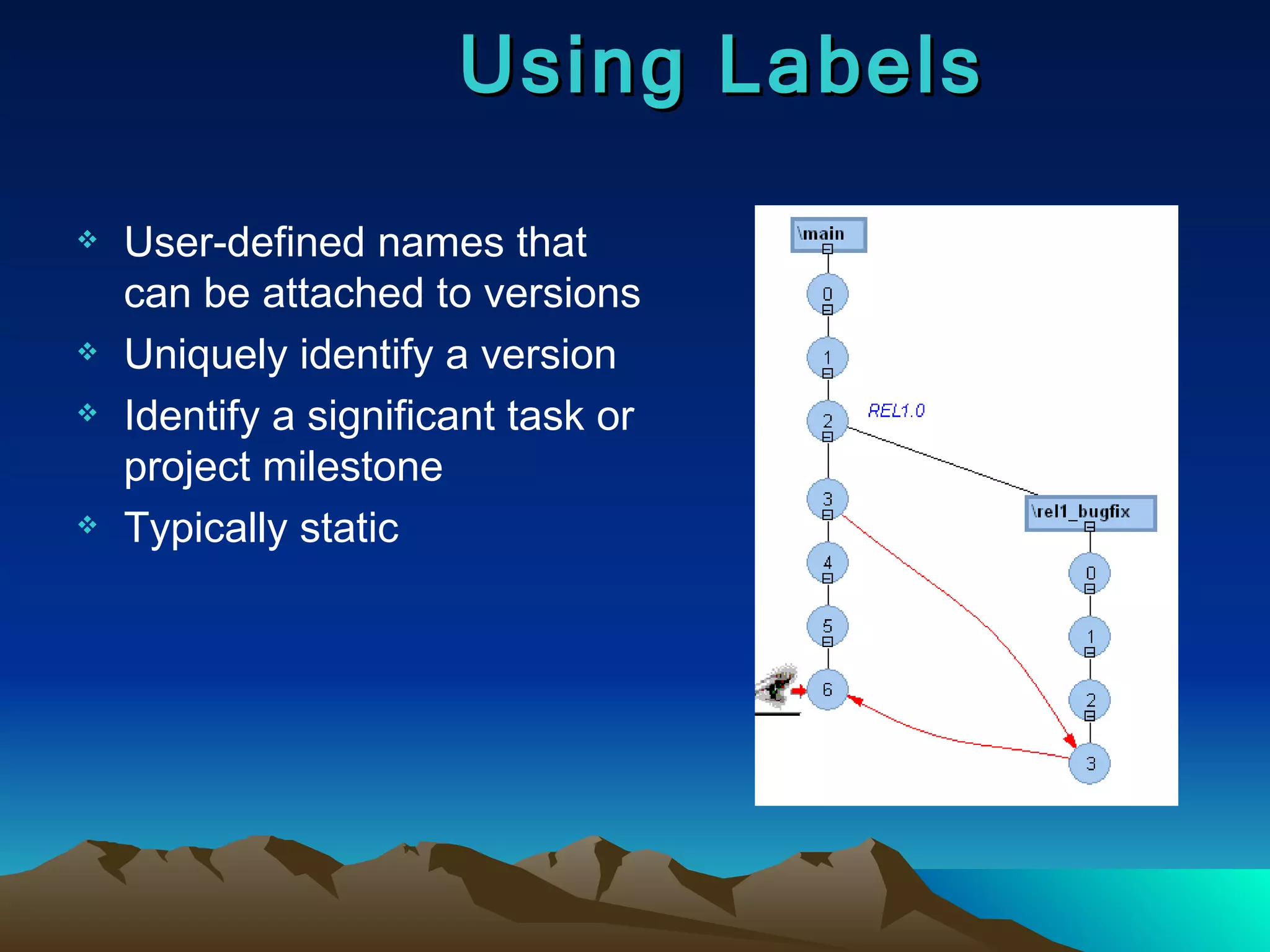 User-defined names that can be attached to versions Uniquely identify a version Identify a significant task or project milestone Typically static Using Labels 