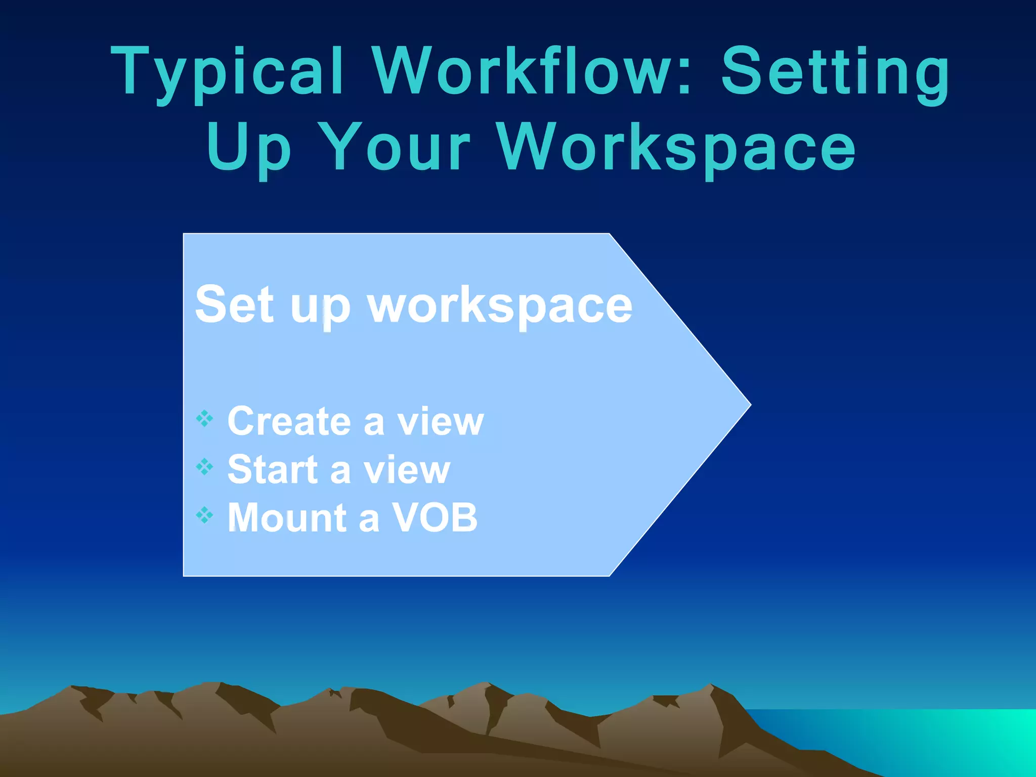 Typical Workflow: Setting Up Your Workspace Set up workspace Create a view Start a view Mount a VOB 