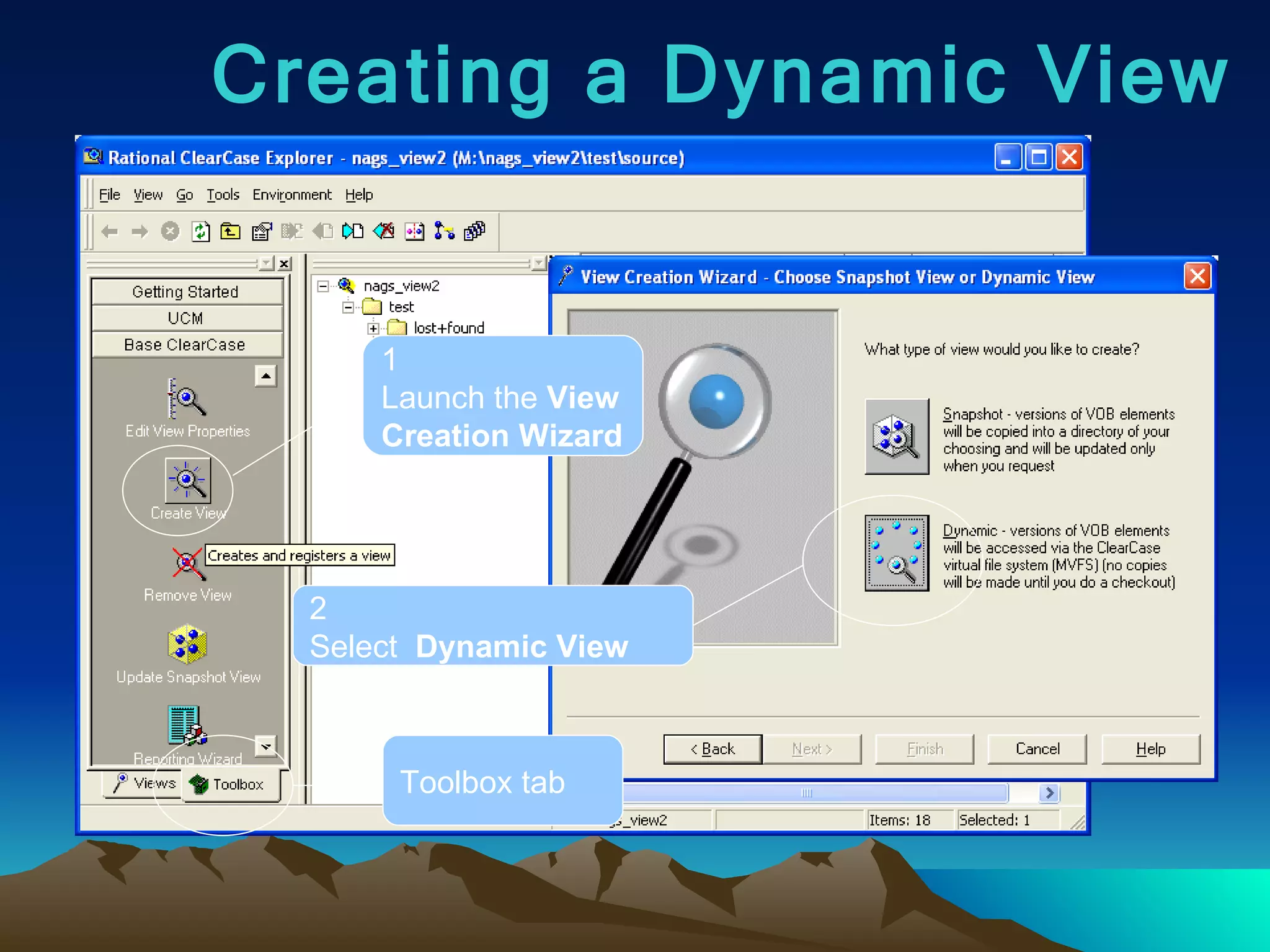 Creating a Dynamic View 1 Launch the  View Creation Wizard Toolbox tab 2 Select  Dynamic View 