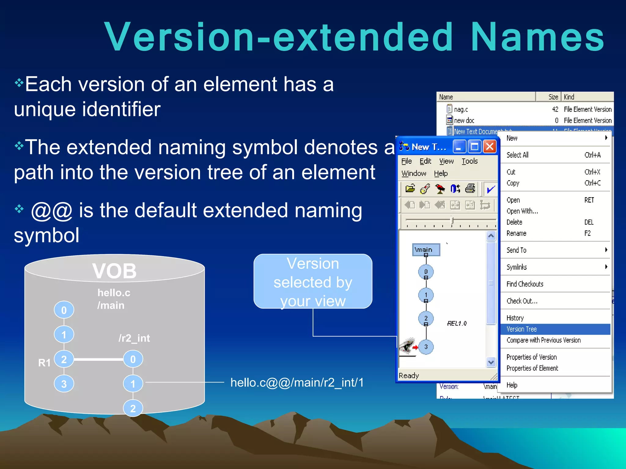Version-extended Names Each version of an element has a unique identifier  The extended naming symbol denotes a path into the version tree of an element @@ is the default extended naming symbol VOB 0 1 2 3 hello.c /main R1 0 1 2 /r2_int hello.c@@/main/r2_int/1 Version selected by your view 