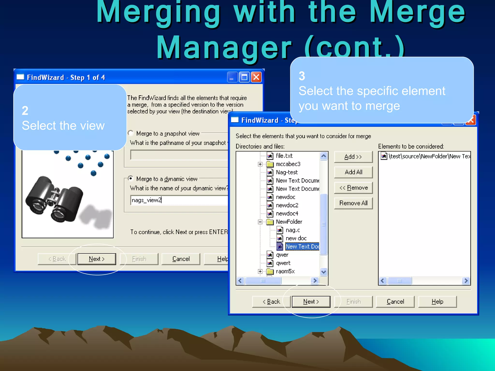 Merging with the Merge Manager (cont.) 2 Select the view 3 Select the specific element you want to merge 
