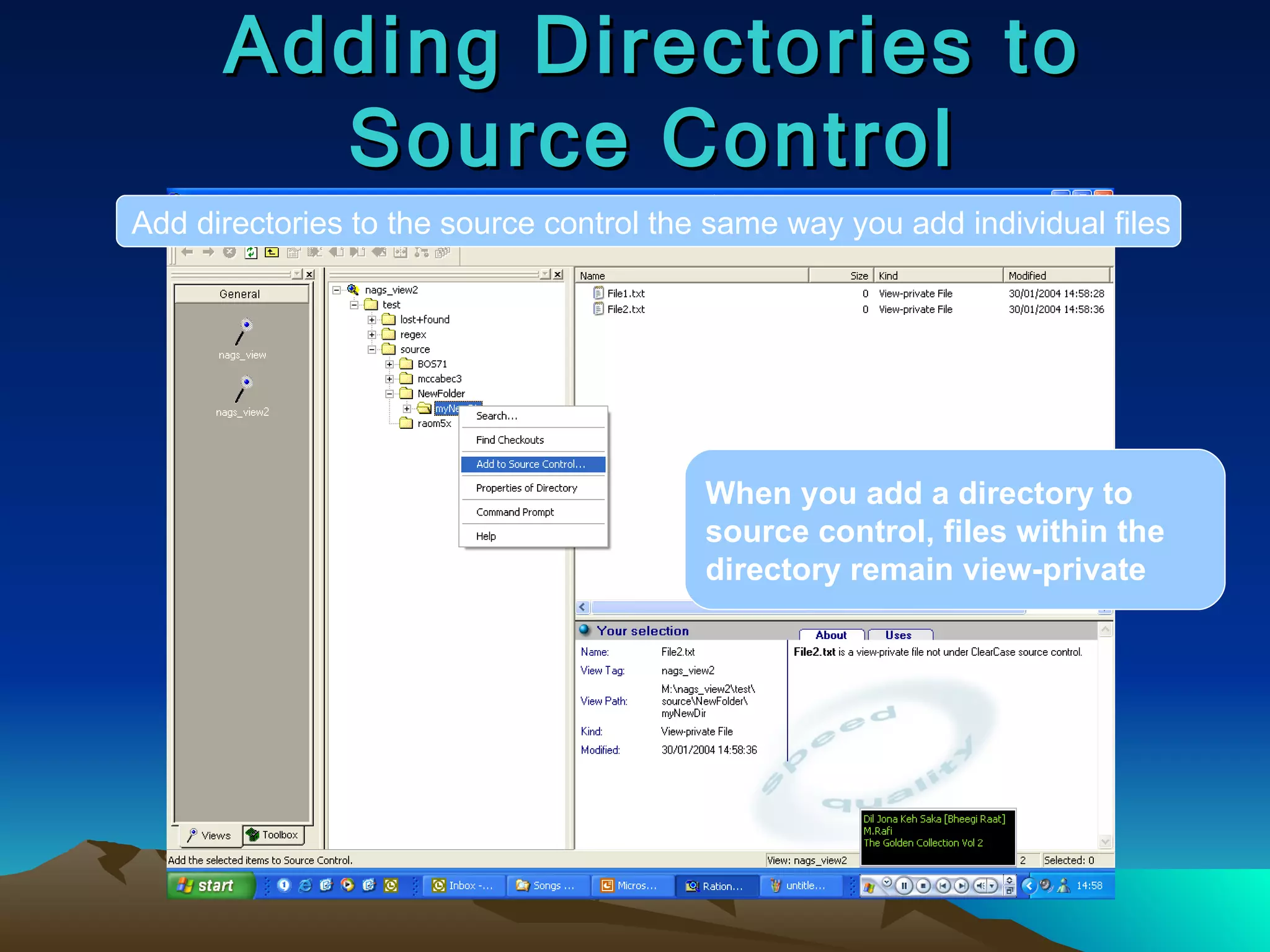 Adding Directories to Source Control Add directories to the source control the same way you add individual files When you add a directory to source control, files within the directory remain view-private 