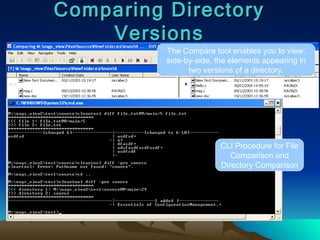 Comparing Directory Versions The Compare tool enables you to view, side-by-side, the elements appearing in two versions of a directory. CLI Procedure for File Comparison and Directory Comparison 