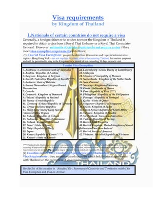 Visa requirements
                                    by Kingdom of Thailand

     1.Nationals of certain countries do not require a visa
Generally, a foreign citizen who wishes to enter the Kingdom of Thailand is
required to obtain a visa from a Royal Thai Embassy or a Royal Thai Consulate-
General. However, nationals of certain countries do not require a visa if they
meet visa exemption requirements as follows:
 (1). Tourist Visa Exemption; passport holders from 40 countries and 1 special administrative
region – Hong Kong SAR – are not required to obtain a visa when entering Thailand for tourism purposes
and will be permitted to stay in the Kingdom for a period of not exceeding 30 days on each visit.
                                                  Tourist Visa Exemption
                                                                       22. Luxembourg : Grand Duchy of Luxembourg
1. Australia : Commonwealth of Australia
                                                                       23. Malaysia
2. Austria : Republic of Austria
                                                                       24. Monaco : Principality of Monaco
3. Belgium : Kingdom of Belgium
                                                                       25. Netherlands : Kingdom of the Netherlands
4. Brazil : Federative Republic of Brazil (****)
                                                                       26. New Zealand
5. Bahrain : State of Bahrain
                                                                       27. Norway : Kingdom of Norway
6. Brunei Darussalam : Negara Brunei
                                                                       28. Oman : Sultanate of Oman
Darussalam
                                                                       29. Peru : Republic of Peru (****)
7. Canada
                                                                       30. Philippines : Republic of the Philippines
8. Denmark : Kingdom of Denmark
                                                                       31. Portugal : Republic of Portugal
9. Finland : Republic of Finland
                                                                       32. Qatar : State of Qatar
10. France : French Republic
                                                                       33. Singapore : Republic of Singapore
11. Germany : Federal Republic of Germany
                                                                       34. Spain : Kingdom of Spain
12. Greece : Hellenic Republic
                                                                       35. South Africa : Republic of South Africa
13. Hong Kong : Hong Kong Special
                                                                       36. Sweden : Kingdom of Sweden
Administrative Region
                                                                       37. Switzerland : Swiss Confederation
14. Iceland : Republic of Iceland
                                                                       38. Turkey : Republic of Turkey
15. Indonesia : Republic of Indonesia
                                                                       39. United Arab Emirates
16. Ireland : Republic of Ireland
                                                                       40. United Kingdom : United Kingdom of Great
17. Israel : State of Israel
                                                                       Britain and Northern Ireland
18. Italy : Republic of Italy
                                                                       41. United States of America
19. Japan
                                                                       42. Vietnam : Socialist Republic of Vietnam
20. Korea : Republic of Korea (****)
21. Kuwait : State of Kuwait

(****)Thailand holds bilateral agreements on visa exemption for holders of diplomatic, official and ordinary passports for a visit of not
exceeding 90 days with Brazil, the Republic of Korea and Peru. Therefore, nationals of these 3 countries are exempted from visa
requirements and are permitted to enter and stay in Thailand for a period of not exceeding 90 days.
(2) Countries which have Concluded Agreements with Thailand on the Exemption of
Visa Requirements . they are nationals of countries which hold bilateral agreements
with Thailand on the exemption of visa requirements .


See the list of the counties in Attached file : Summary of Countries and Territories entitled for
Visa Exemption and Visa on Arrival
 