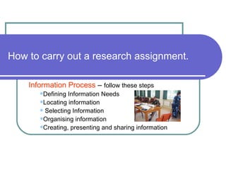 How to carry out a research assignment. ,[object Object],[object Object],[object Object],[object Object],[object Object],[object Object]