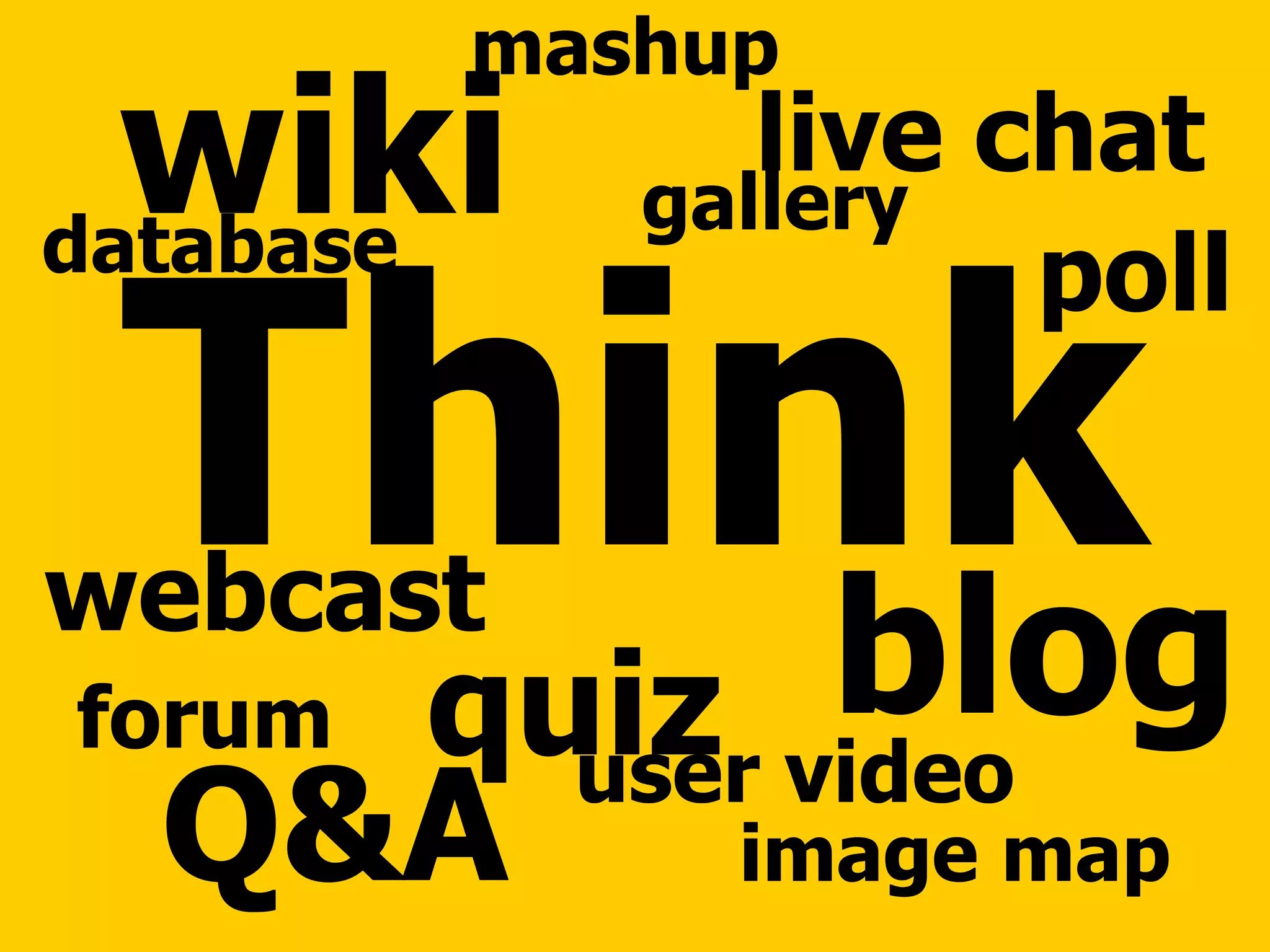 Think wiki blog Q&A live chat webcast quiz image map gallery poll forum user video database mashup 