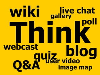 Think wiki blog Q&A live chat webcast quiz image map gallery poll user video 