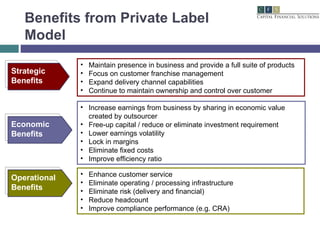 Benefits from Private Label Model Economic  Benefits Maintain presence in business and provide a full suite of products Focus on customer franchise management Expand delivery channel capabilities Continue to maintain ownership and control over customer Increase earnings from business by sharing in economic value created by outsourcer Free-up capital / reduce or eliminate investment requirement Lower earnings volatility Lock in margins Eliminate fixed costs Improve efficiency ratio Enhance customer service Eliminate operating / processing infrastructure Eliminate risk (delivery and financial) Reduce headcount Improve compliance performance (e.g. CRA) Strategic  Benefits Operational  Benefits 