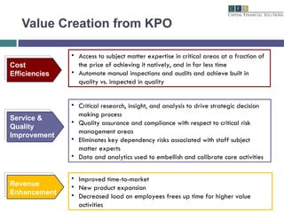 Value Creation from KPO Service & Quality Improvement Access to subject matter expertise in critical areas at a fraction of the price of achieving it natively, and in far less time Automate manual inspections and audits and achieve built in quality vs. inspected in quality Critical research, insight, and analysis to drive strategic decision making process  Quality assurance and compliance with respect to critical risk management areas Eliminates key dependency risks associated with staff subject matter experts Data and analytics used to embellish and calibrate core activities Cost Efficiencies Revenue Enhancement Improved time-to-market New product expansion Decreased load on employees frees up time for higher value activities 