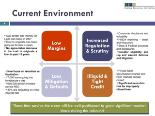 Current Environment Avg lender lost money on a per loan basis in 2007 Cost to originate has been going up for past 4 years No appreciable decrease in the cost to originate a loan in past 10 years Private label securitization market and REIT markets remain closed Significant execution risk for improperly closed loan . New focus on retention vs. liquidation 7,000 loans going into foreclosure a day 660,000 lender /investor owned REO 30% are defaulting on initial interest rate Those that survive the storm will be well positioned to grow significant market share during the rebound Consumer disclosure and suitability HMDA reporting – detail and frequency State & Federal practices and disclosures Investor eligibility and rep and warrant defense and litigation  