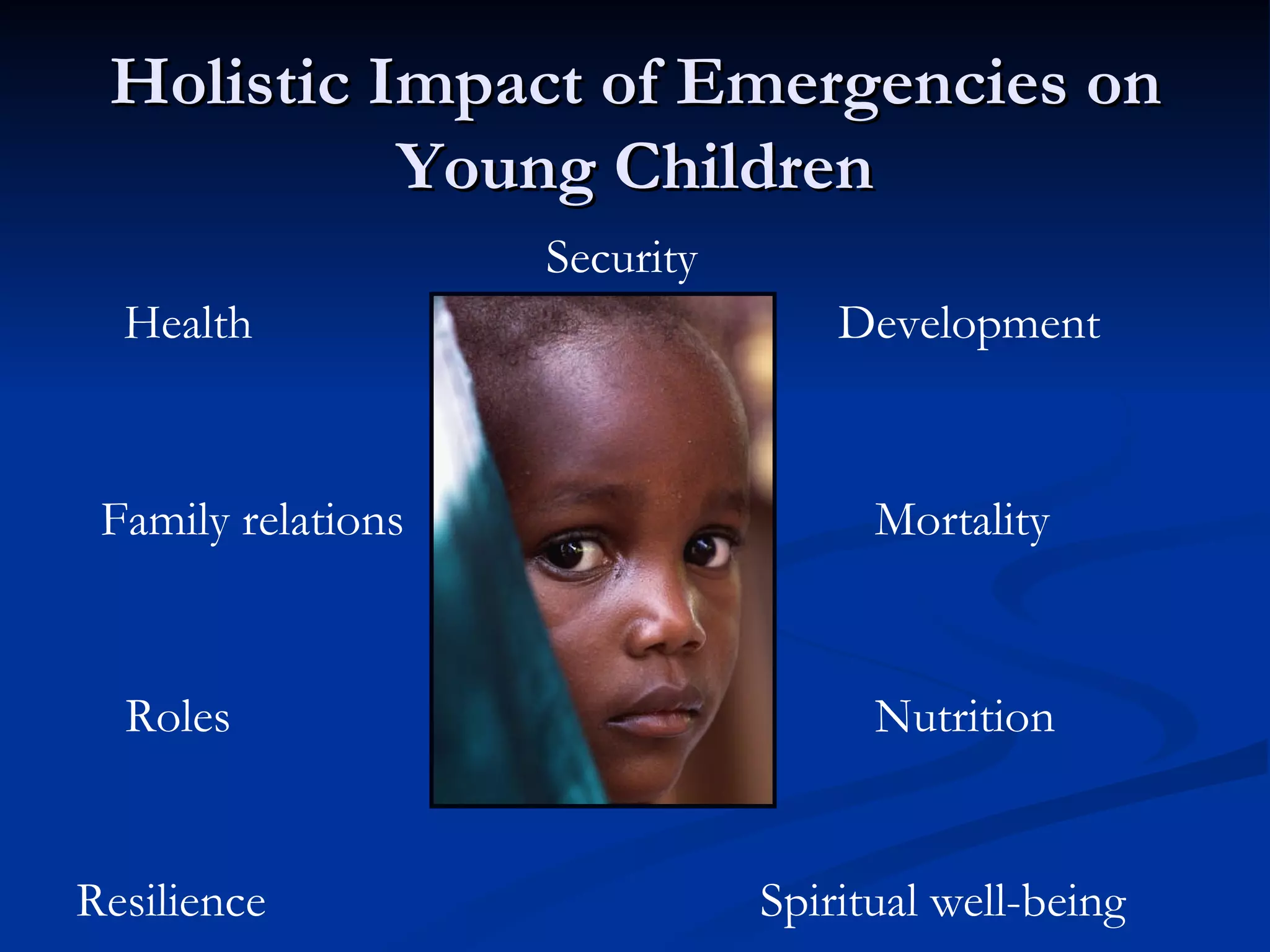 Holistic Impact of Emergencies on Young Children   Security   Health Development Family relations   Mortality Roles   Nutrition  Resilience   Spiritual well-being 