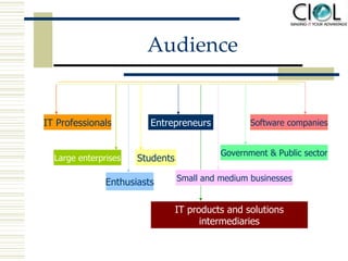 Audience IT Professionals Large enterprises Entrepreneurs Small and medium businesses Government & Public sector Software companies Students Enthusiasts IT products and solutions intermediaries 