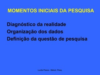 MOMENTOS INICIAIS DA PESQUISA Diagnóstico da realidade Organização dos dados Definição da questão de pesquisa 