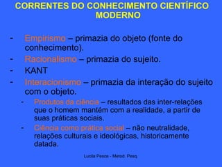 CORRENTES DO CONHECIMENTO CIENTÍFICO MODERNO  Empirismo  – primazia do objeto (fonte do conhecimento). Racionalismo  – primazia do sujeito. KANT Interacionismo  – primazia da interação do sujeito com o objeto. Produtos da ciência  – resultados das inter-relações que o homem mantém com a realidade, a partir de suas práticas sociais. Ciência como prática social  – não neutralidade, relações culturais e ideológicas, historicamente datada.  